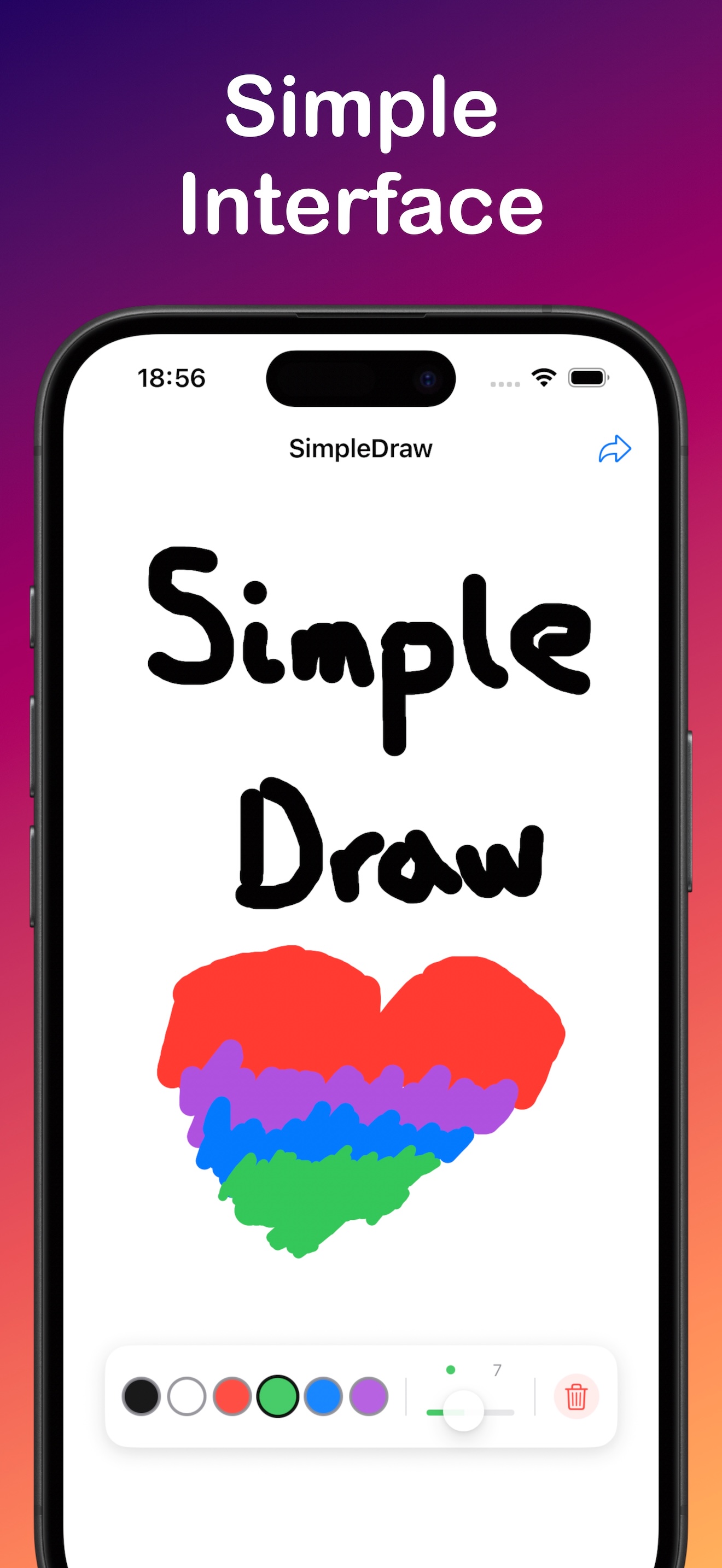 A screenshot of the SimpleDraw app showing the drawing interface with a red line drawn on the canvas.